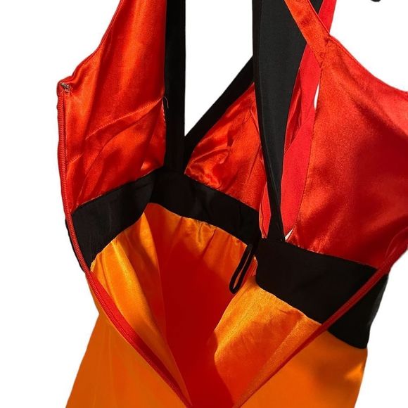 Bebe Orange Black Red Asymmetric High Low Cutout Geometric Colorblock Mini Dress - Picture 7 of 9